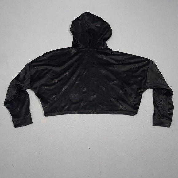 Juicy Couture Black Velour Logo Cropped Hoodie Size Medium Y2K Style - Picture 12 of 13
